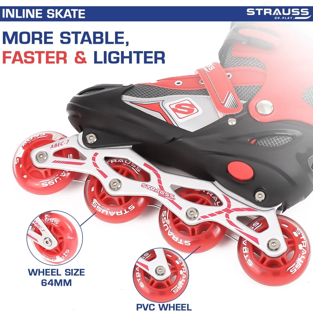 STRAUSS Vortex Adjustable Size Inline Skates | Skating Shoes for Boys & Girls | 4 Wheels |Beginner-Friendly Skating Shoe | Adjustable Roller Blades | Enhanced Stability and Support| Size S,(Red)