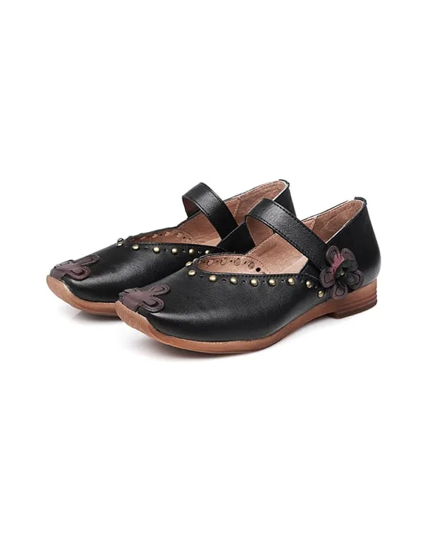 Studded Vintage Leather Square Head Flat Shoes