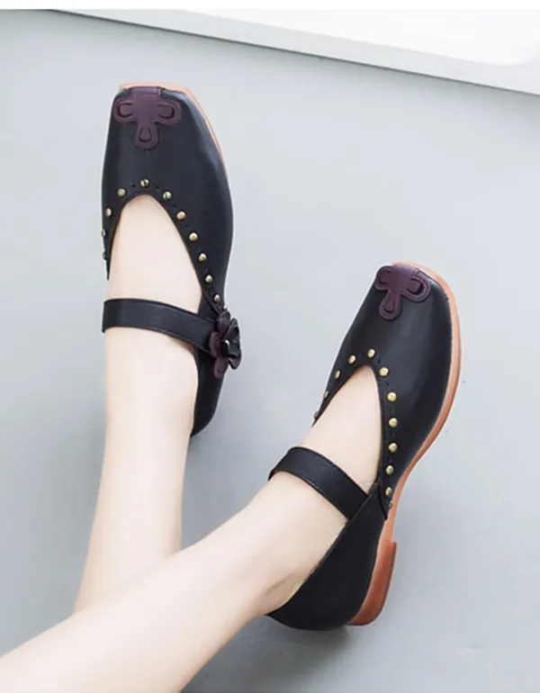 Studded Vintage Leather Square Head Flat Shoes