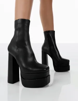 Supine Wide Fit Black Pu Chunky Platform High Heeled Block Ankle Boots