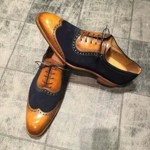 Tailor Made Handmade Two Tone Leather & Suede wingtip Oxford Men's Shoes