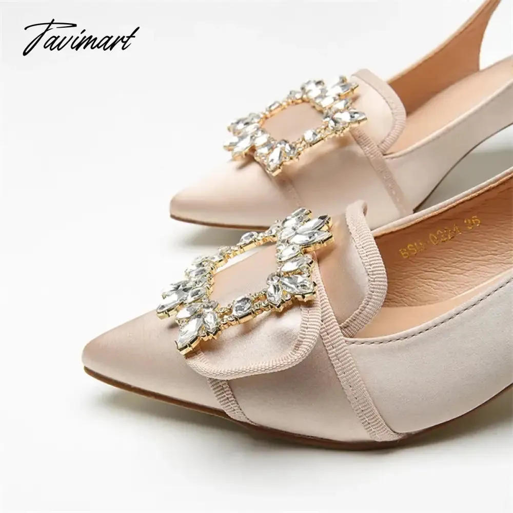 Tavimart New Women Pumps Sexy Pointed Toe Slingback Gladiator Sandals Rhinestone Chunky High Heel Dress Shoes Ladies Valentine Shoes