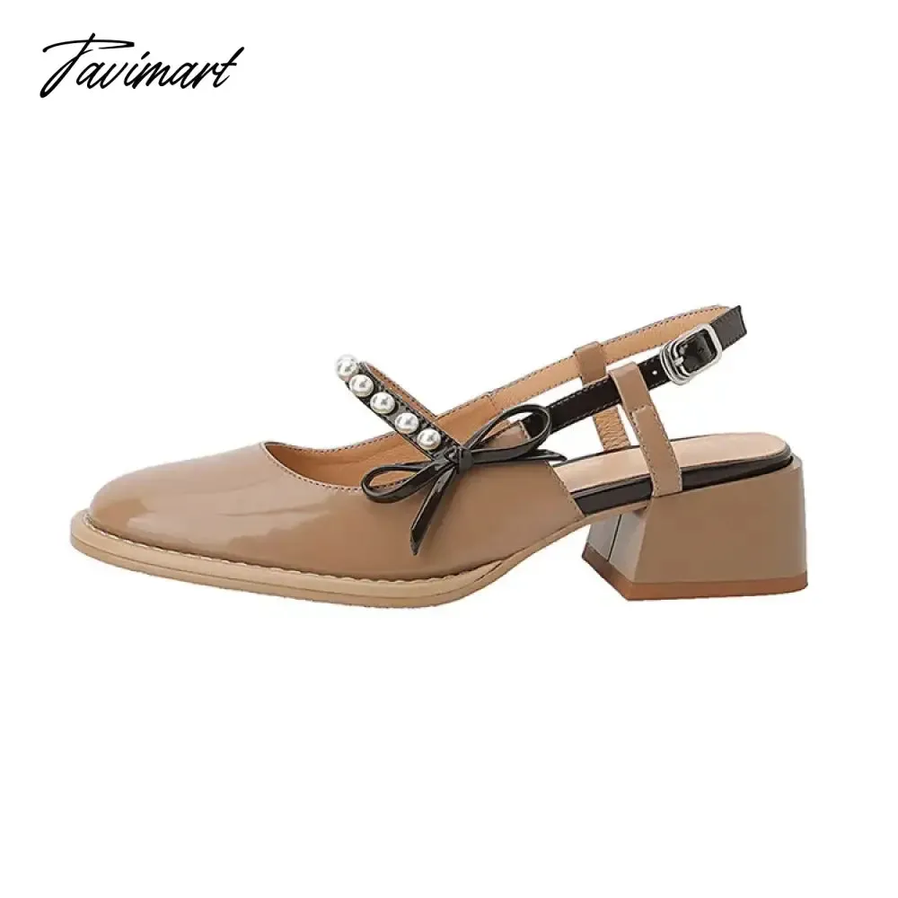 TAVIMART -  Spring/Summer Women Shoes Round Toe Chunky Heel Women Sandals Pearl Mary Janes Split Leather Shoes Concise Shoes for Women