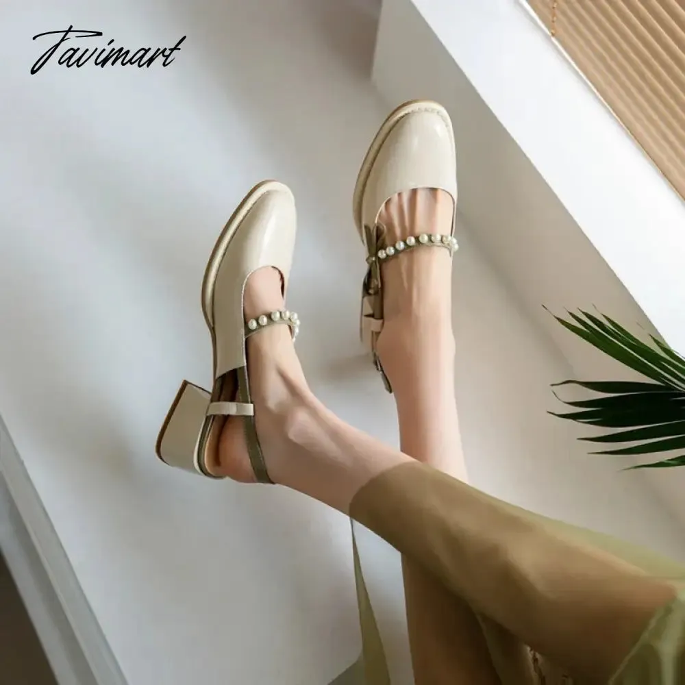 TAVIMART -  Spring/Summer Women Shoes Round Toe Chunky Heel Women Sandals Pearl Mary Janes Split Leather Shoes Concise Shoes for Women