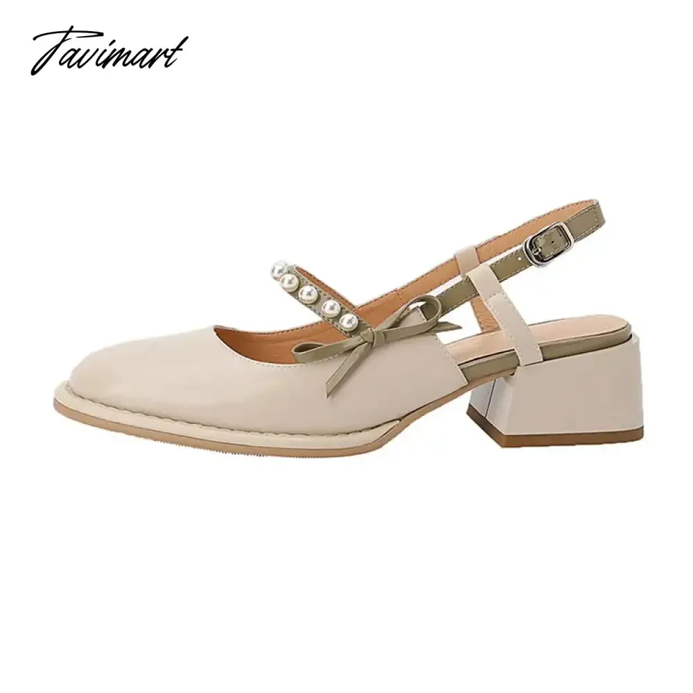 TAVIMART -  Spring/Summer Women Shoes Round Toe Chunky Heel Women Sandals Pearl Mary Janes Split Leather Shoes Concise Shoes for Women