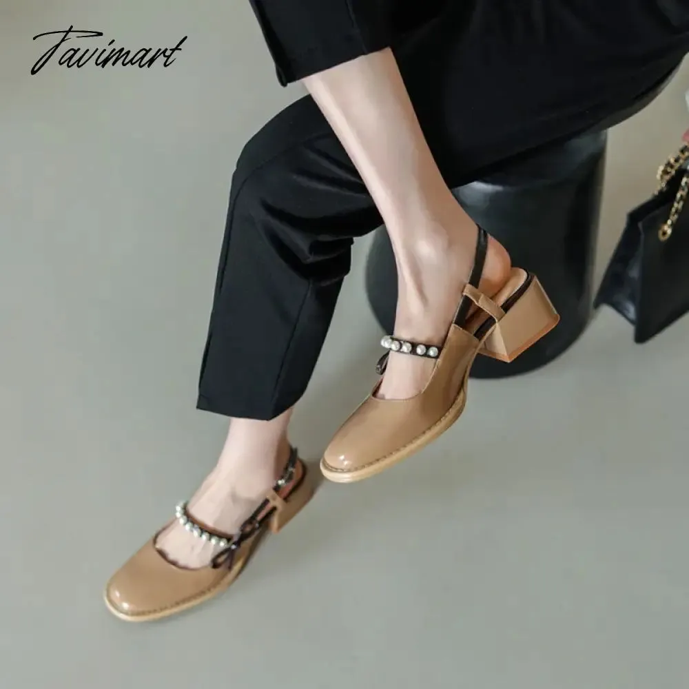 TAVIMART -  Spring/Summer Women Shoes Round Toe Chunky Heel Women Sandals Pearl Mary Janes Split Leather Shoes Concise Shoes for Women