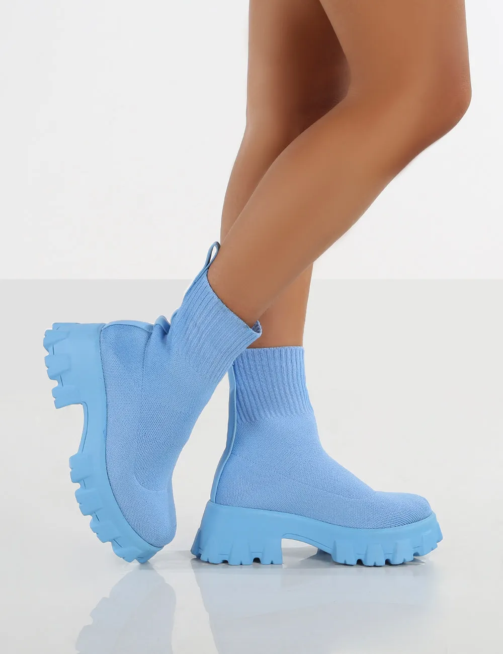 Trust Blue Chunky Sole Platform Sole Sock Ankle Boots