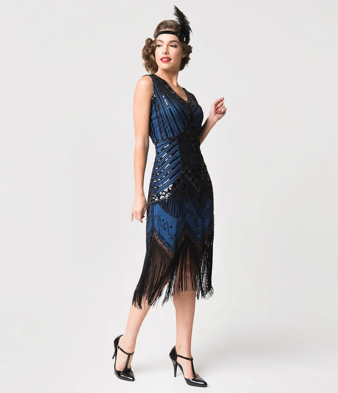 Unique Vintage 1920s Deco Navy Blue & Black Sequin Veronique Fringe Flapper Dress