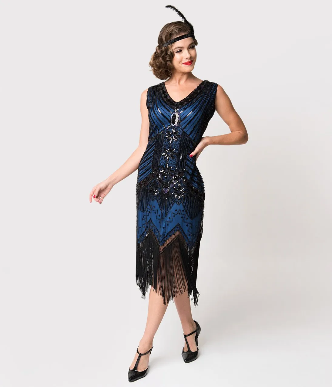 Unique Vintage 1920s Deco Navy Blue & Black Sequin Veronique Fringe Flapper Dress