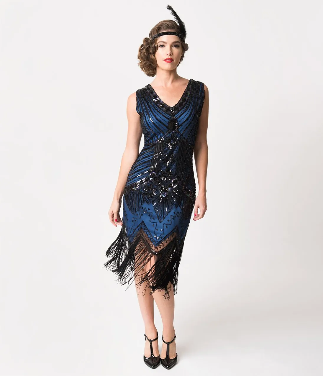 Unique Vintage 1920s Deco Navy Blue & Black Sequin Veronique Fringe Flapper Dress