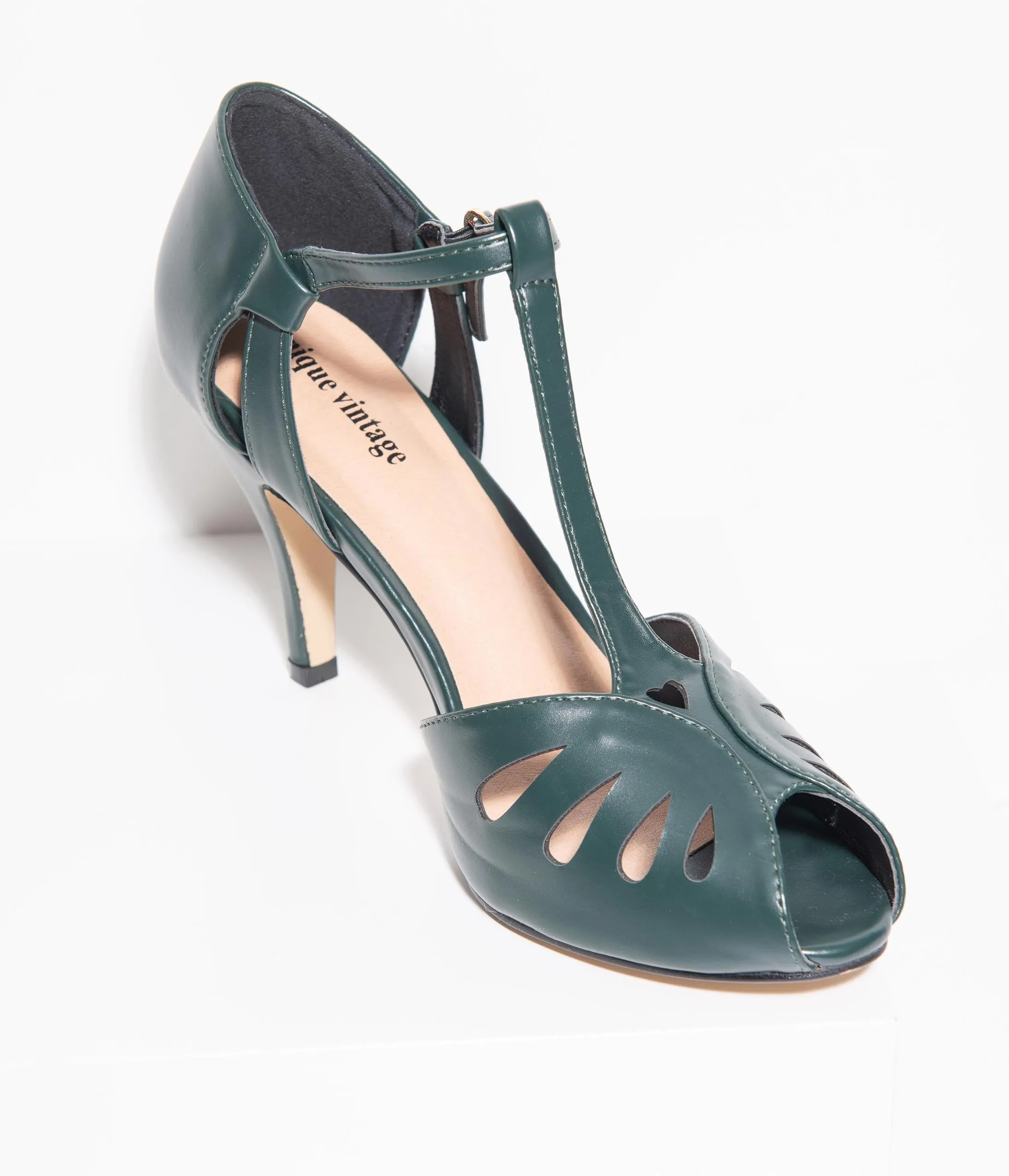 Unique Vintage Forest Green Leatherette Peep Toe T-Strap Everly Pumps