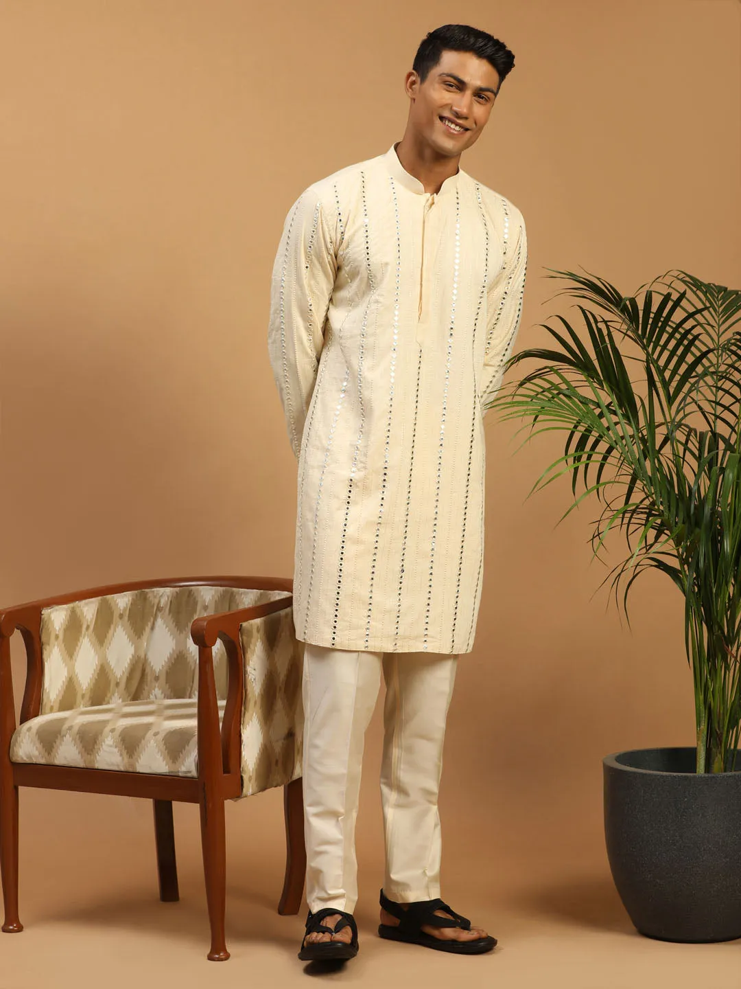 Vastramay Cream Mirror Work Kurta Set