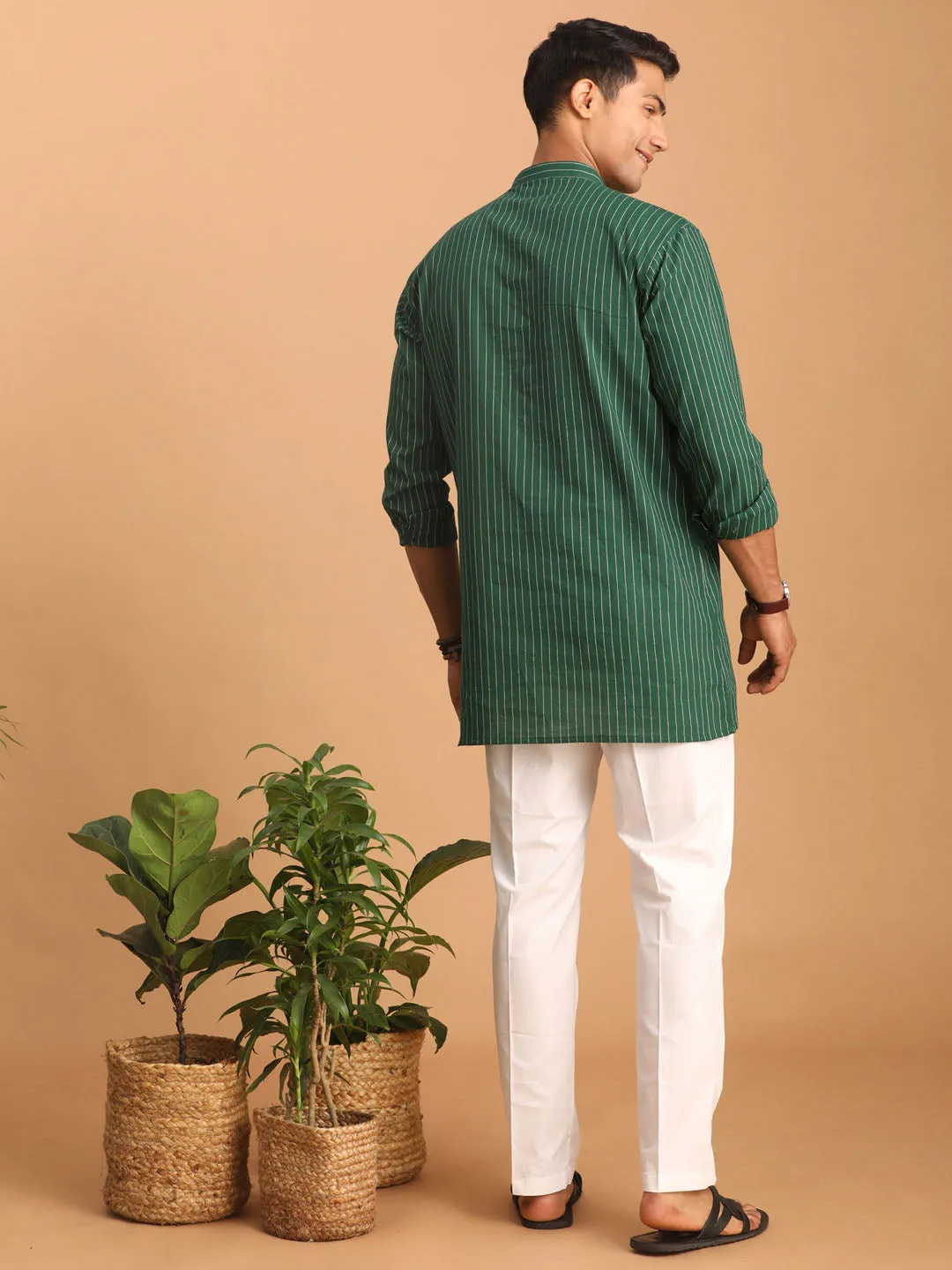 Vastramay Green Striped Cotton Kurta Set