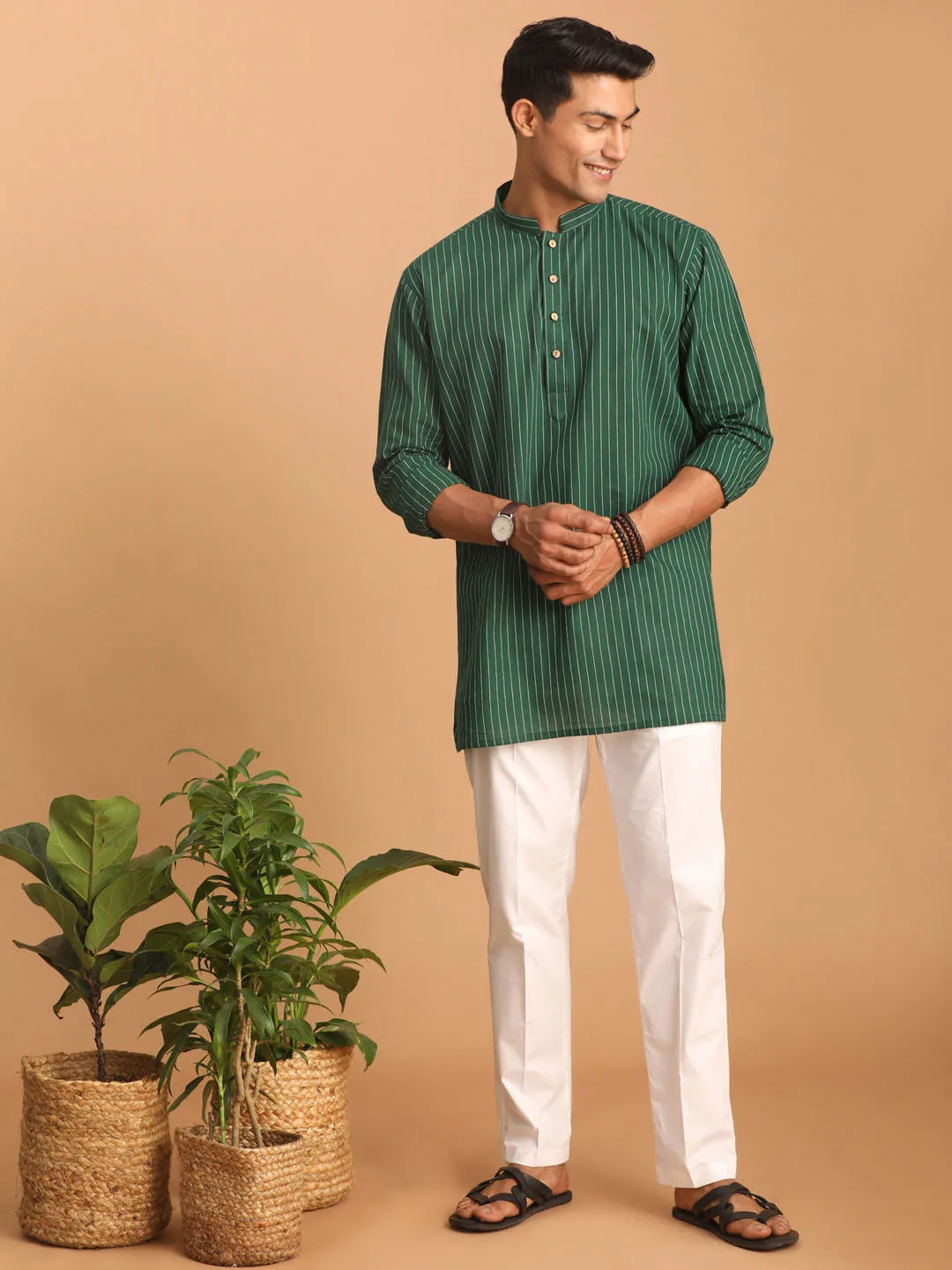 Vastramay Green Striped Cotton Kurta Set