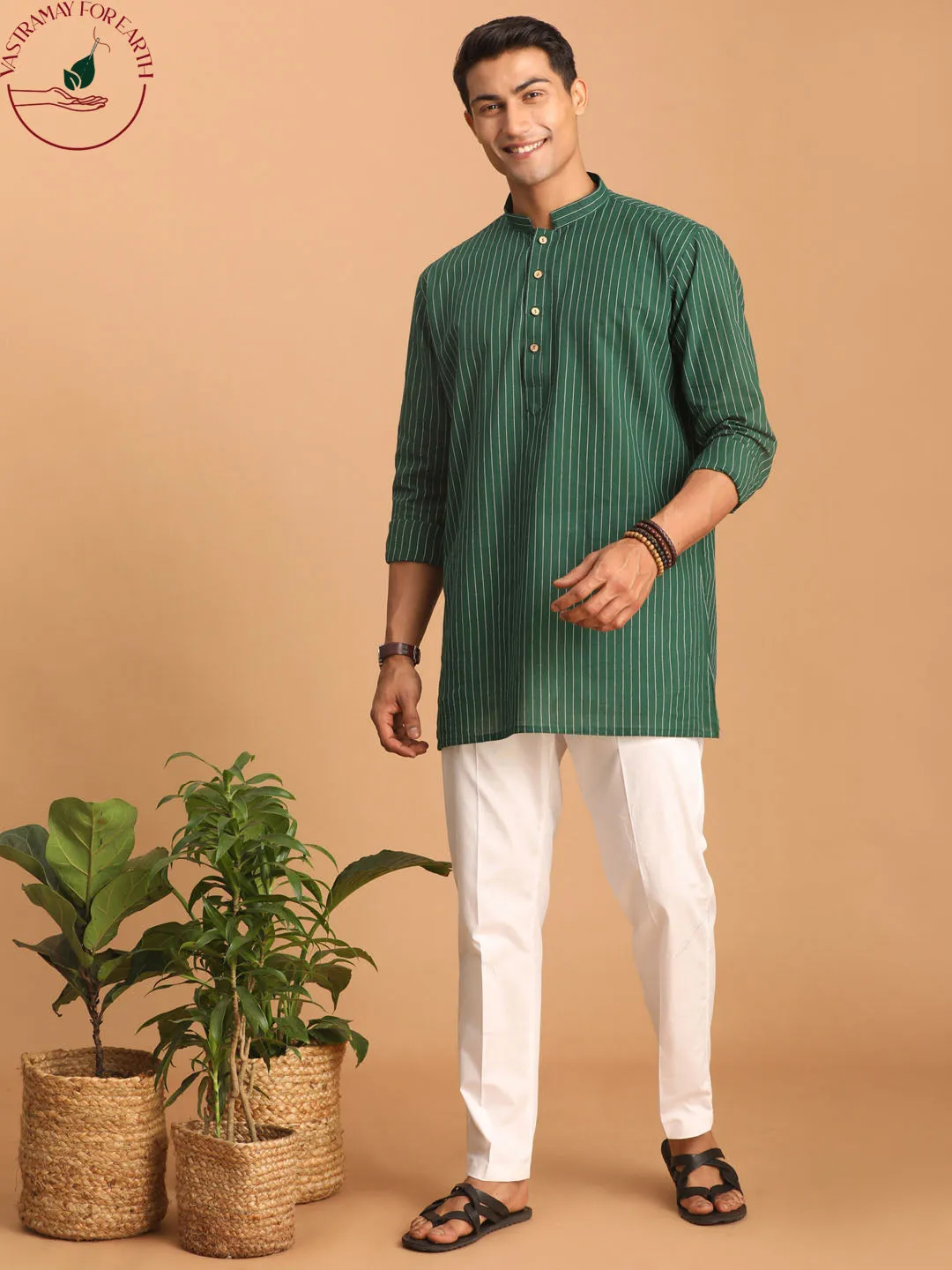 Vastramay Green Striped Cotton Kurta Set