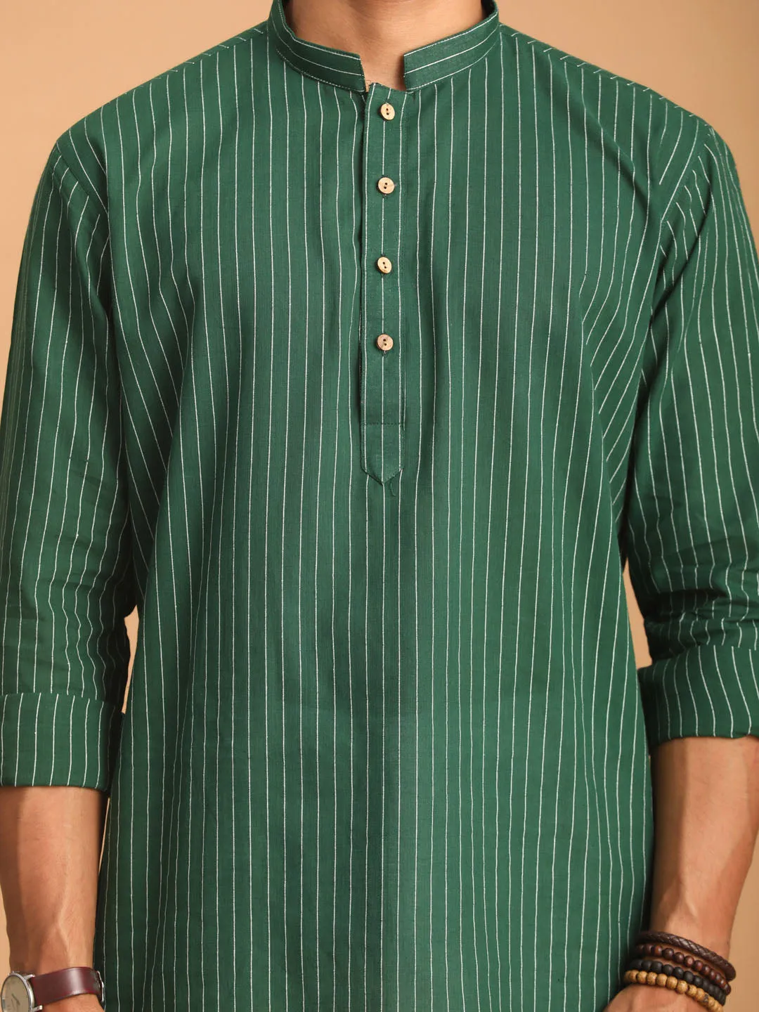 Vastramay Green Striped Cotton Kurta Set