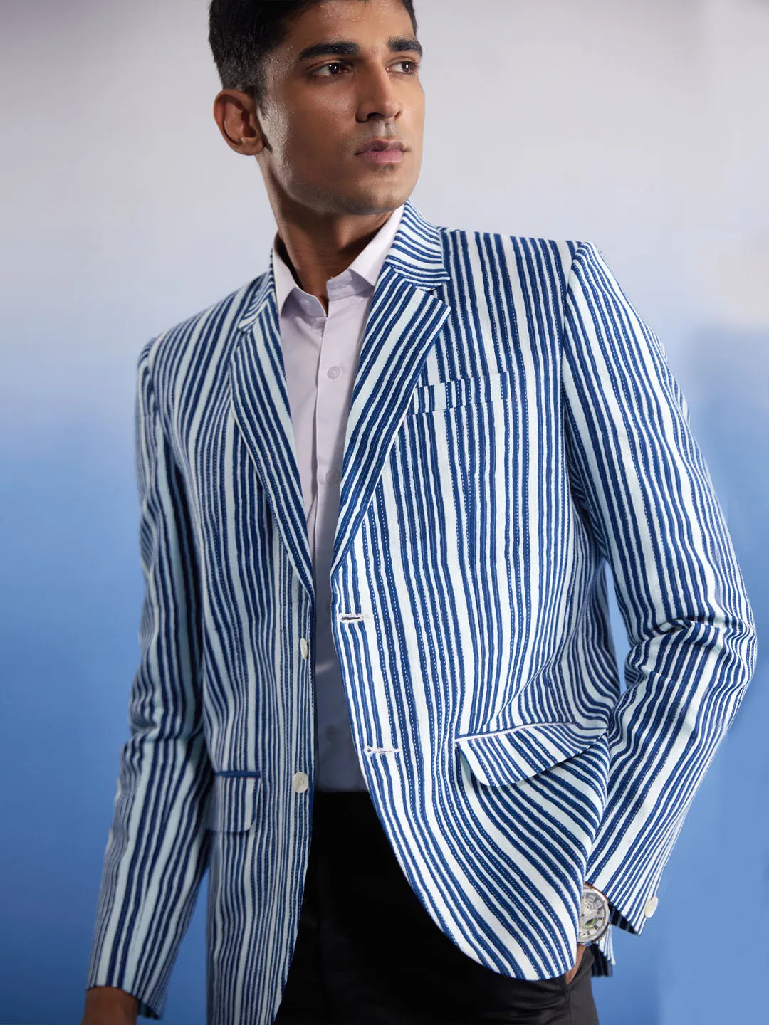 Vastramay Men's Blue And White Striped Blazer