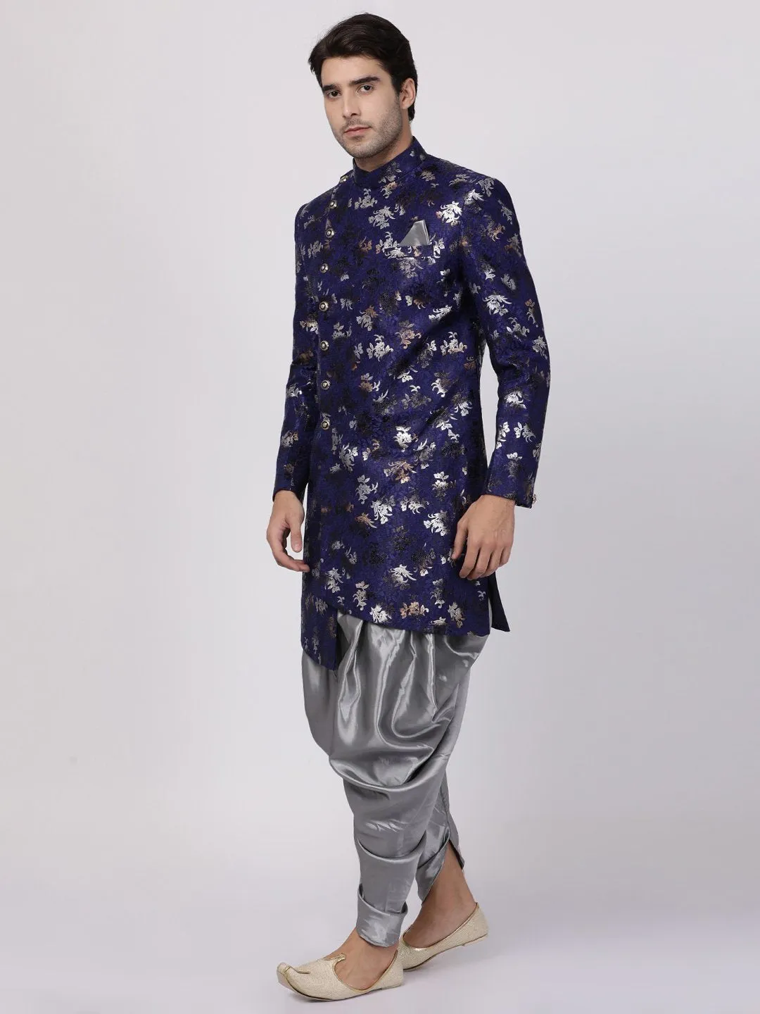 VASTRAMAY Men's Blue Silk Blend Sherwani Set