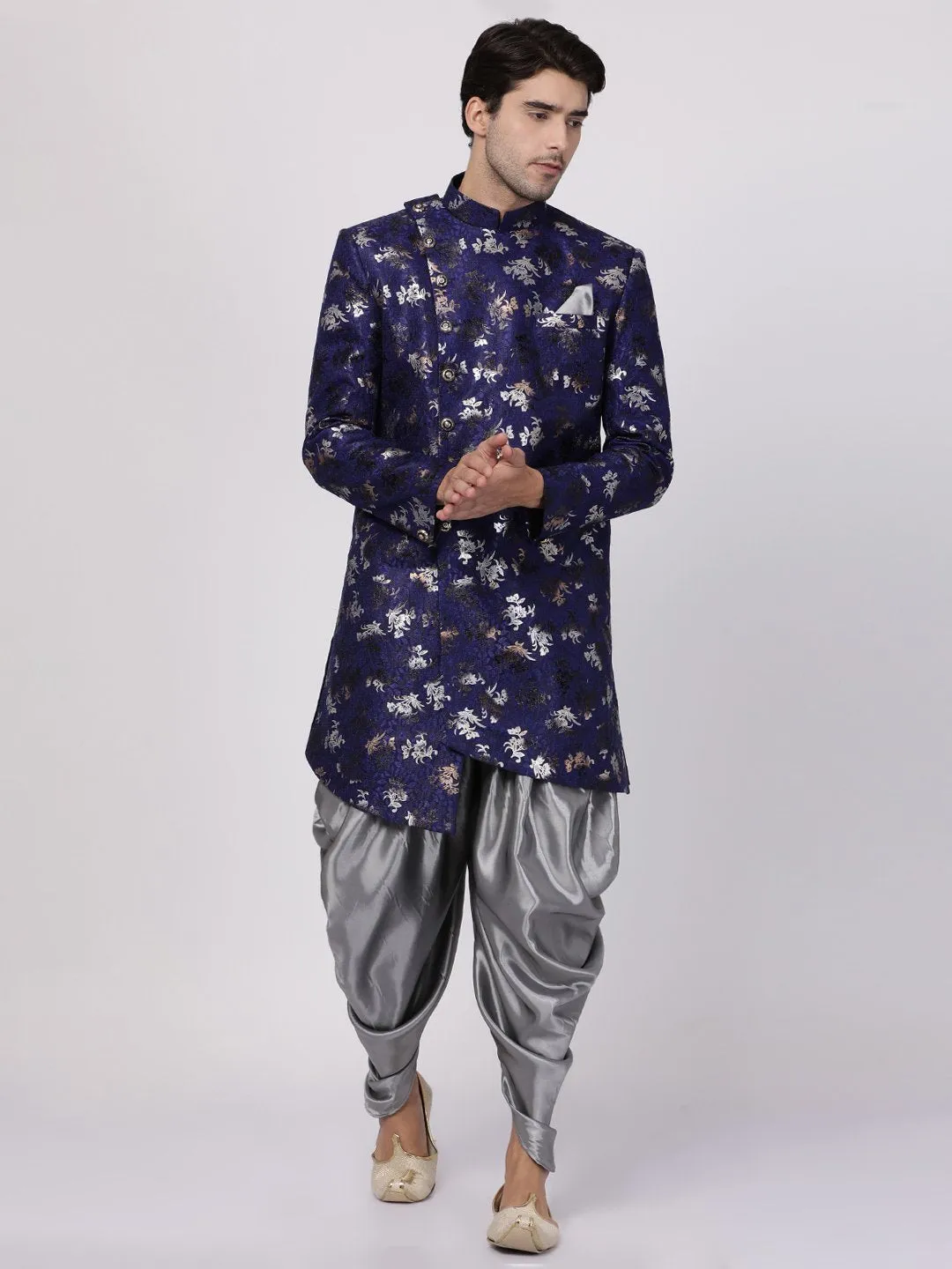 VASTRAMAY Men's Blue Silk Blend Sherwani Set