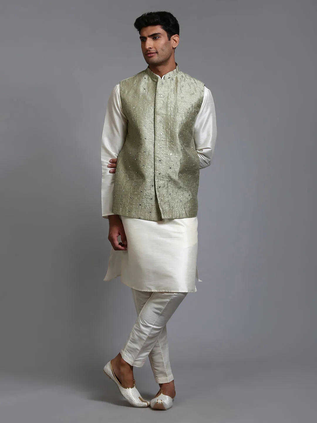 VASTRAMAY Men's Mehndi Green Embellished Jacket Set