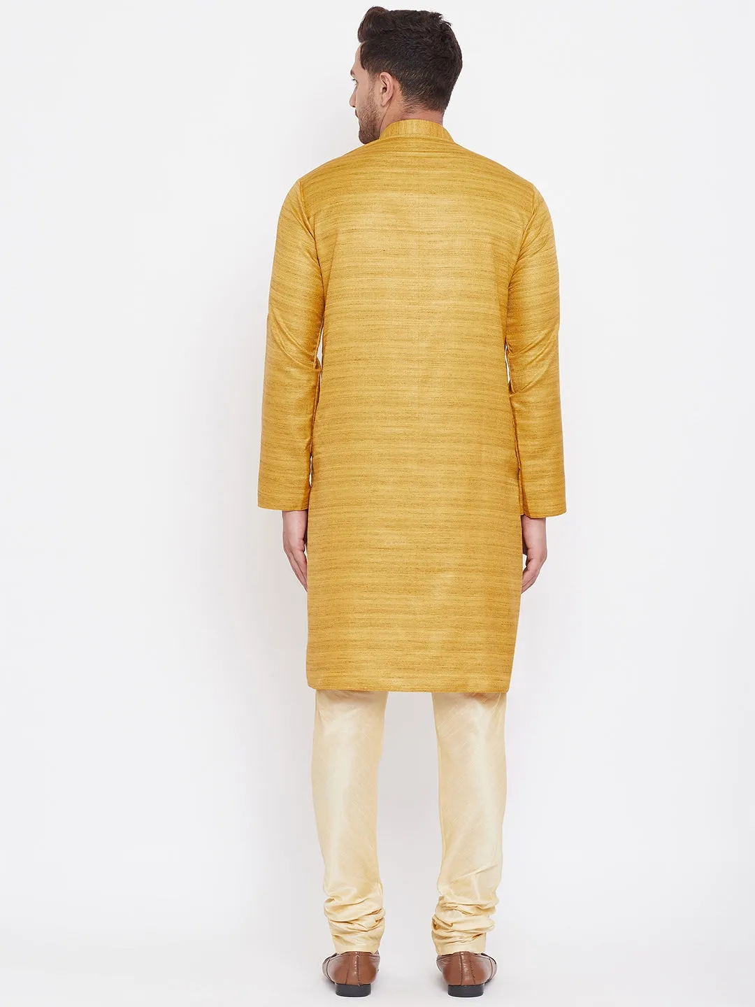 VASTRAMAY Men's Yellow Silk Kurta Pyjama