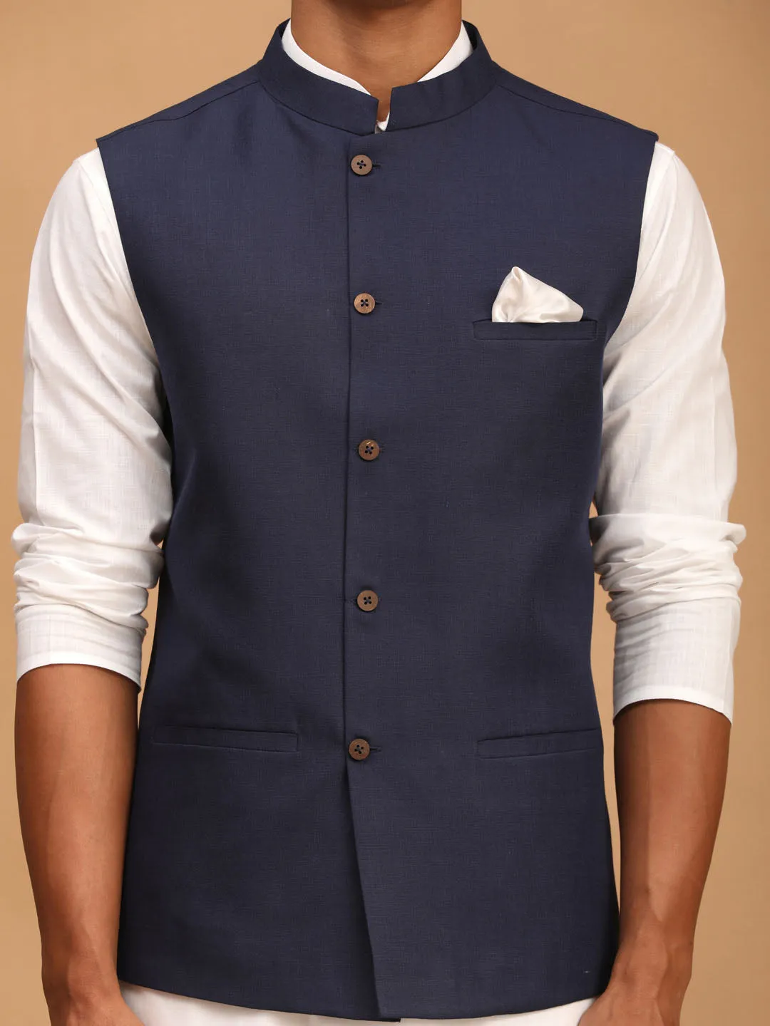 VASTRAMAY Navy Blue Nehru Jacket Kurta Set