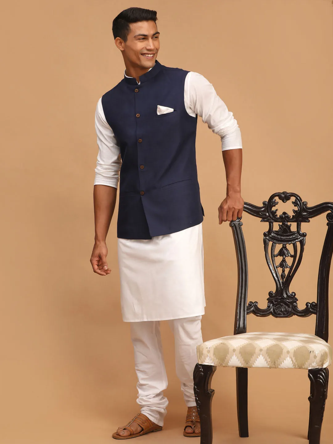 VASTRAMAY Navy Blue Nehru Jacket Kurta Set