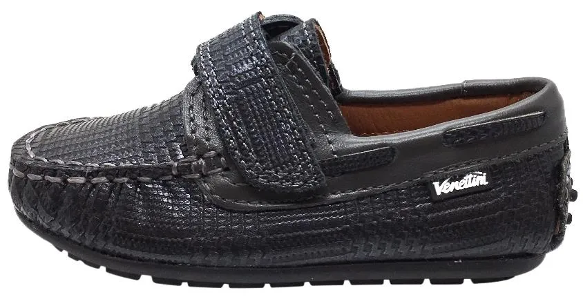 Venettini Boy's Two Tone Grey Square Print Leather Single Hook and Loop Strap Moccasin Loafer