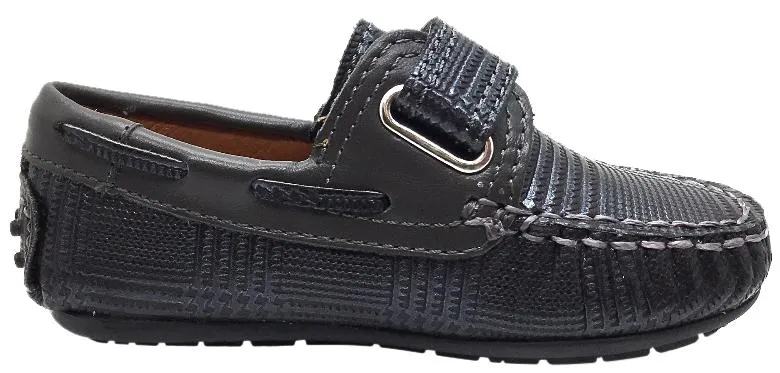 Venettini Boy's Two Tone Grey Square Print Leather Single Hook and Loop Strap Moccasin Loafer