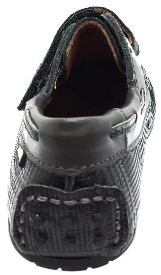 Venettini Boy's Two Tone Grey Square Print Leather Single Hook and Loop Strap Moccasin Loafer