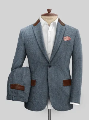 Vintage Herringbone Blue Tweed Suit - Leather Trims