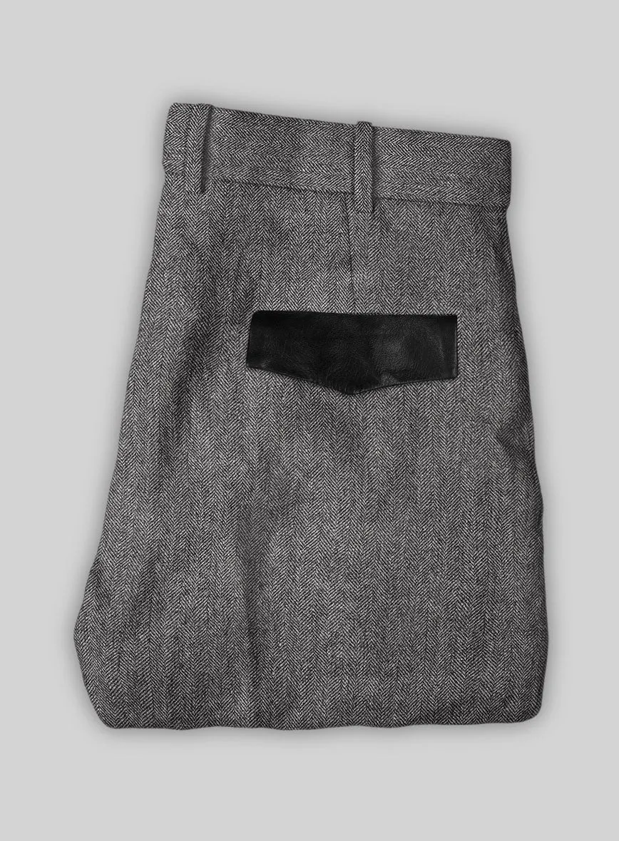 Vintage Herringbone Gray Tweed Pants - Leather Trims