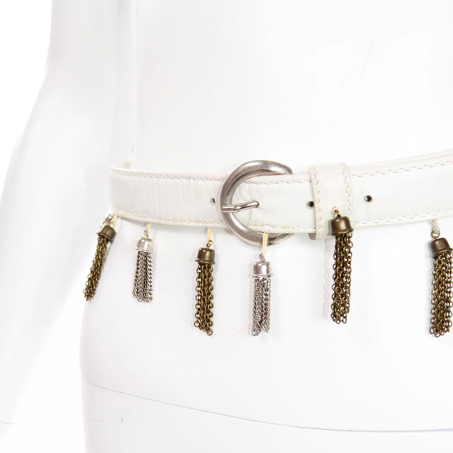 Vintage Maud Frizon White Leather Belt with Gold and Silver Tassels