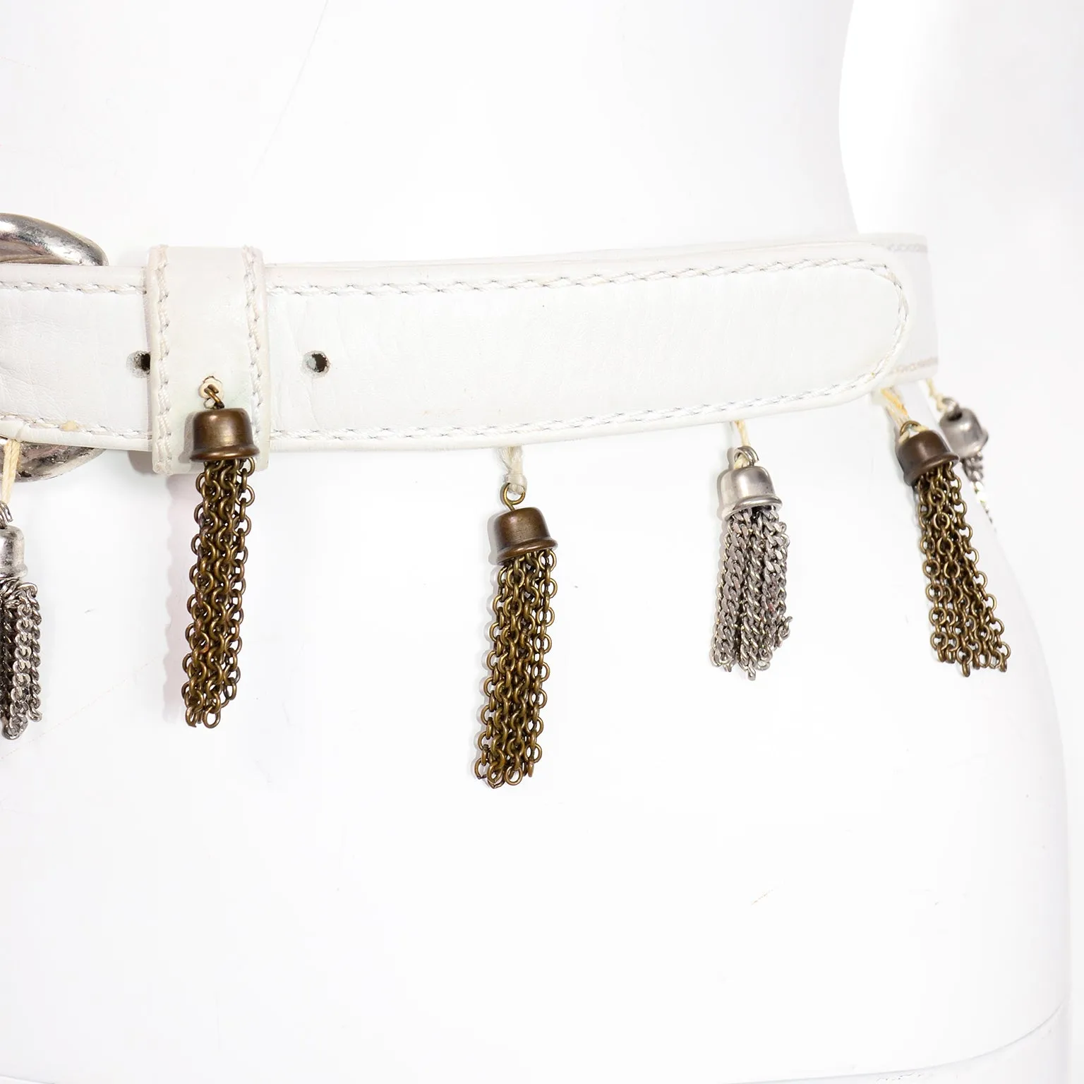 Vintage Maud Frizon White Leather Belt with Gold and Silver Tassels