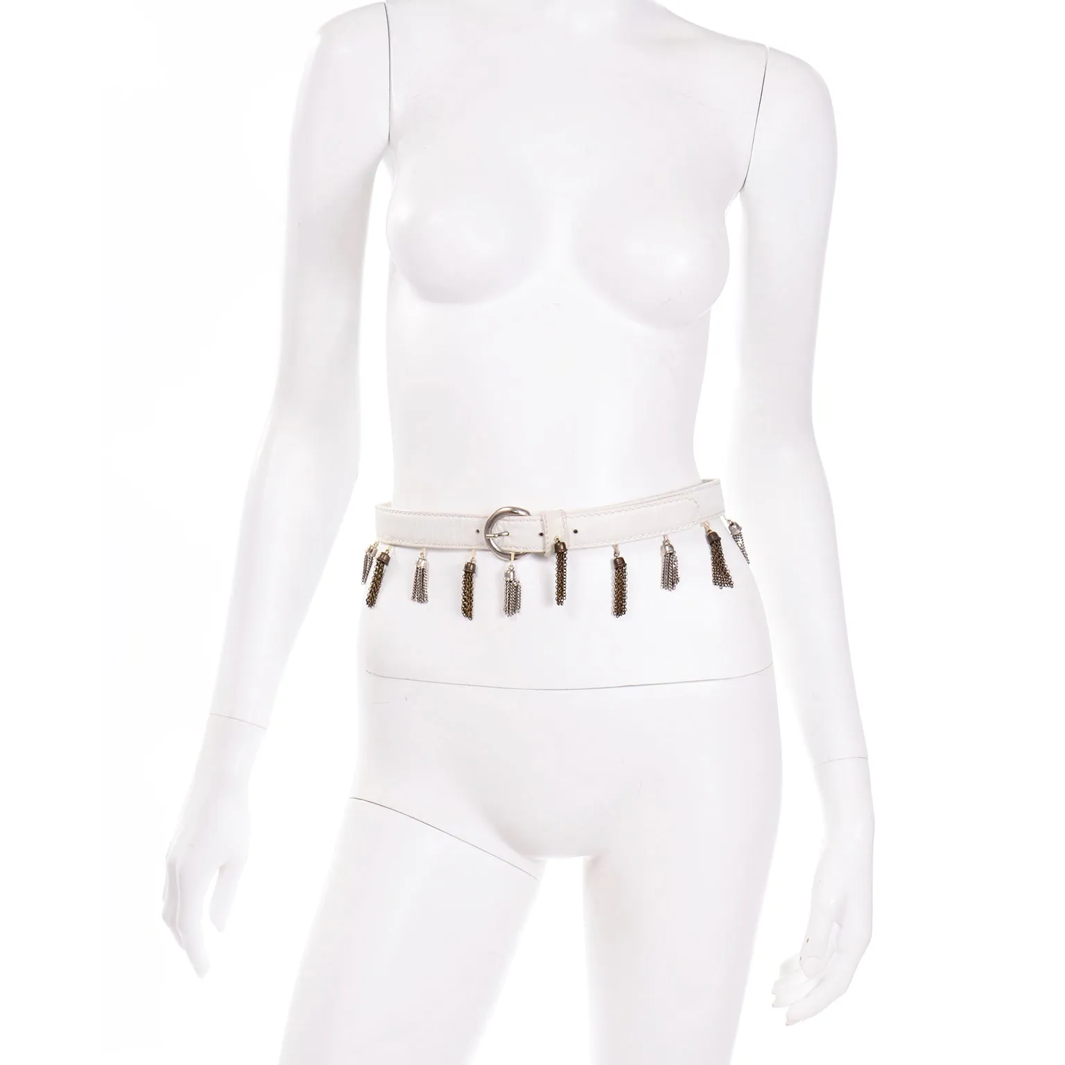 Vintage Maud Frizon White Leather Belt with Gold and Silver Tassels