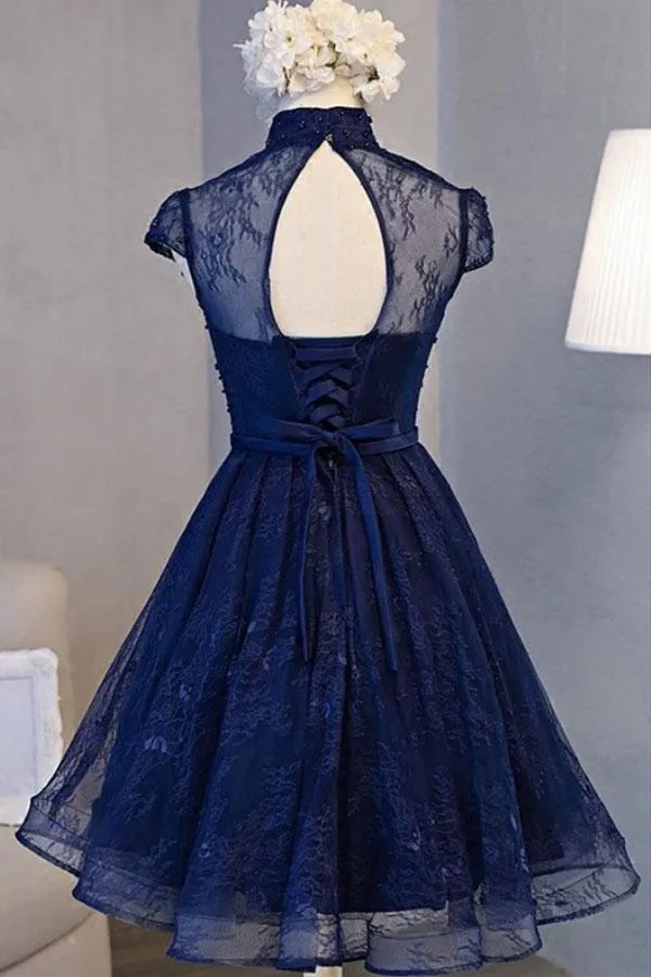 Vintage Navy Blue Cap Sleeves Homecoming Dress Party Dresses PD281