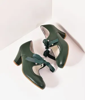 Vintage Style Emerald Green Leatherette Mary Jane Bow Wiggle Heels