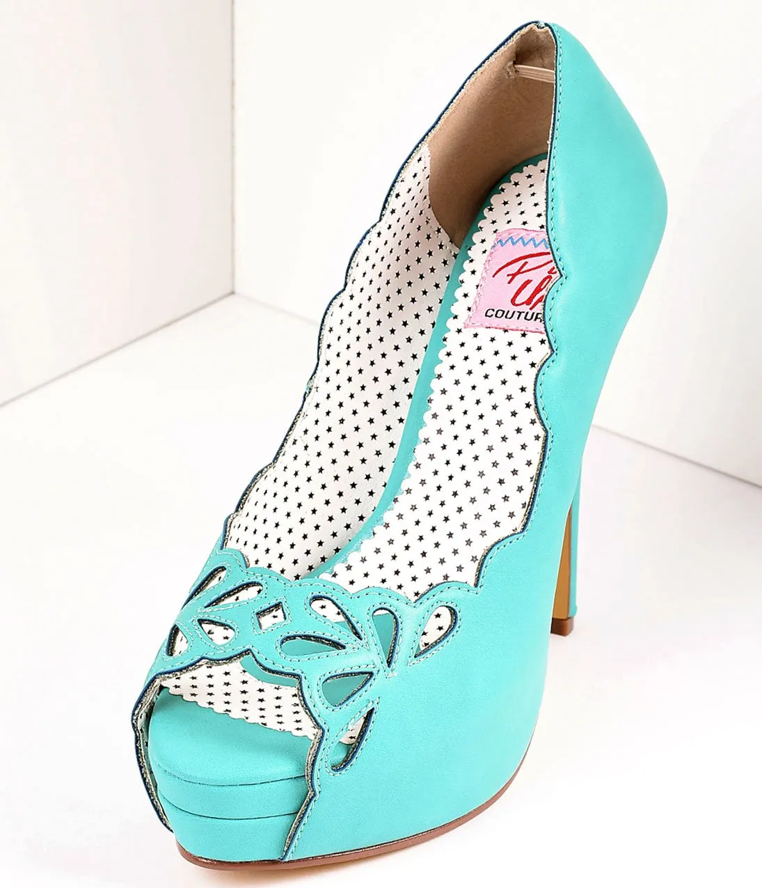 Vintage Style Teal Leatherette Cutout Peep Toe Platform Pump