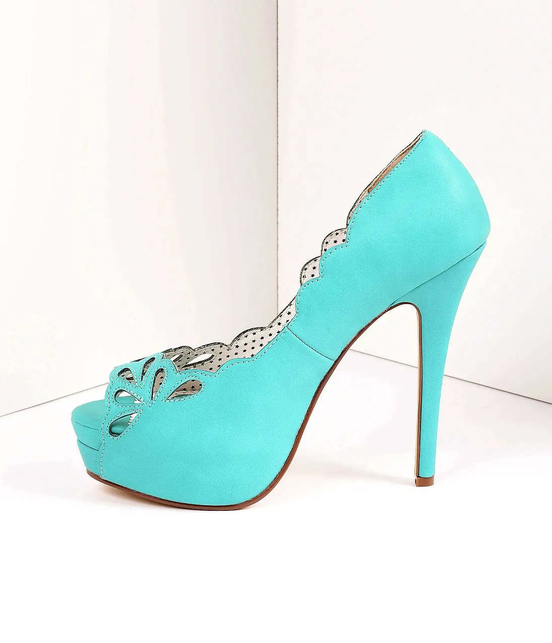 Vintage Style Teal Leatherette Cutout Peep Toe Platform Pump