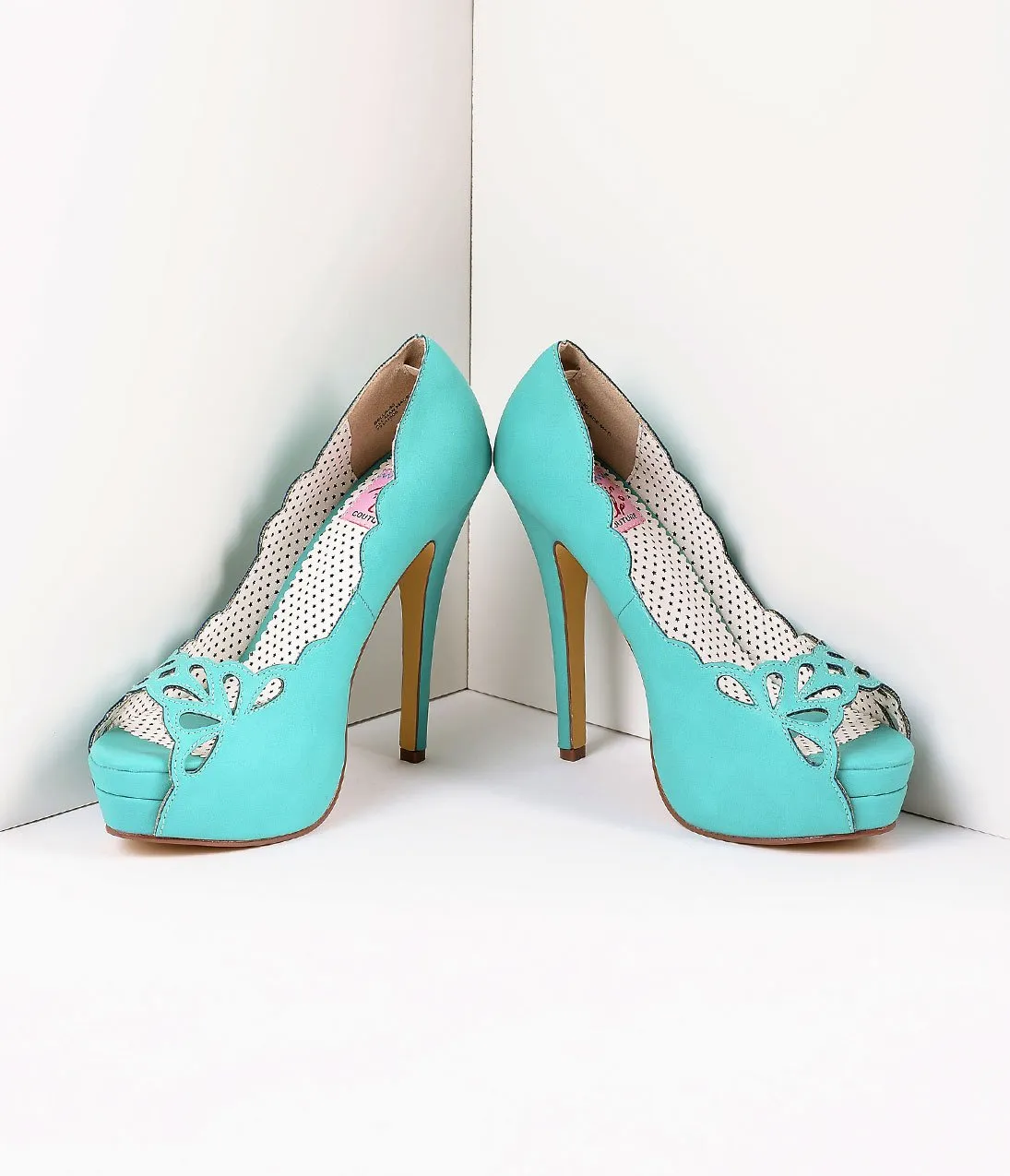 Vintage Style Teal Leatherette Cutout Peep Toe Platform Pump