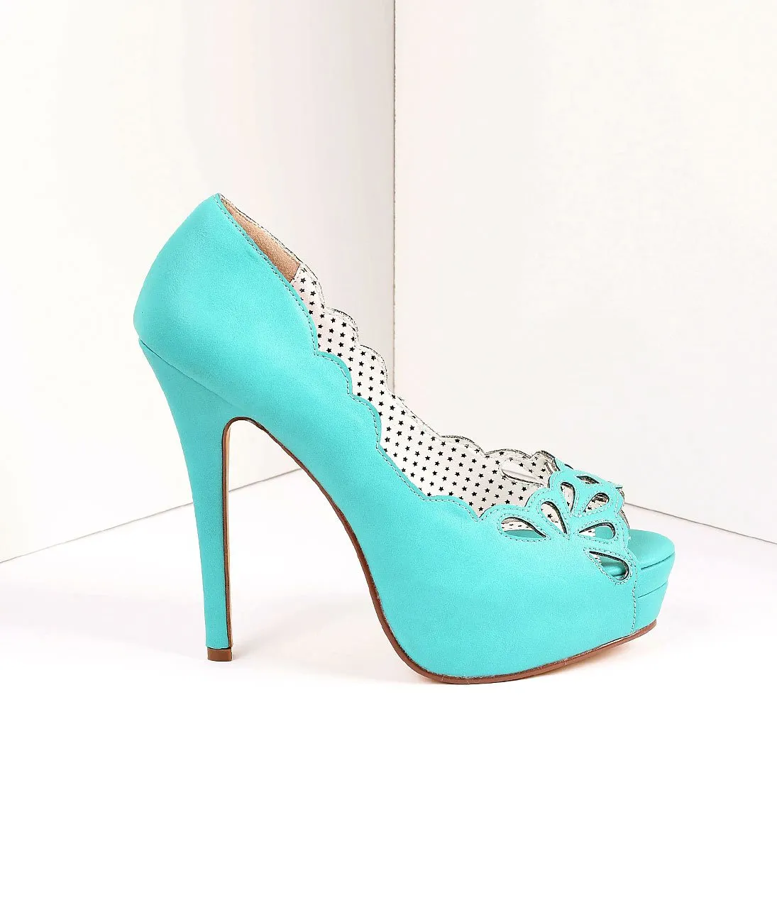 Vintage Style Teal Leatherette Cutout Peep Toe Platform Pump