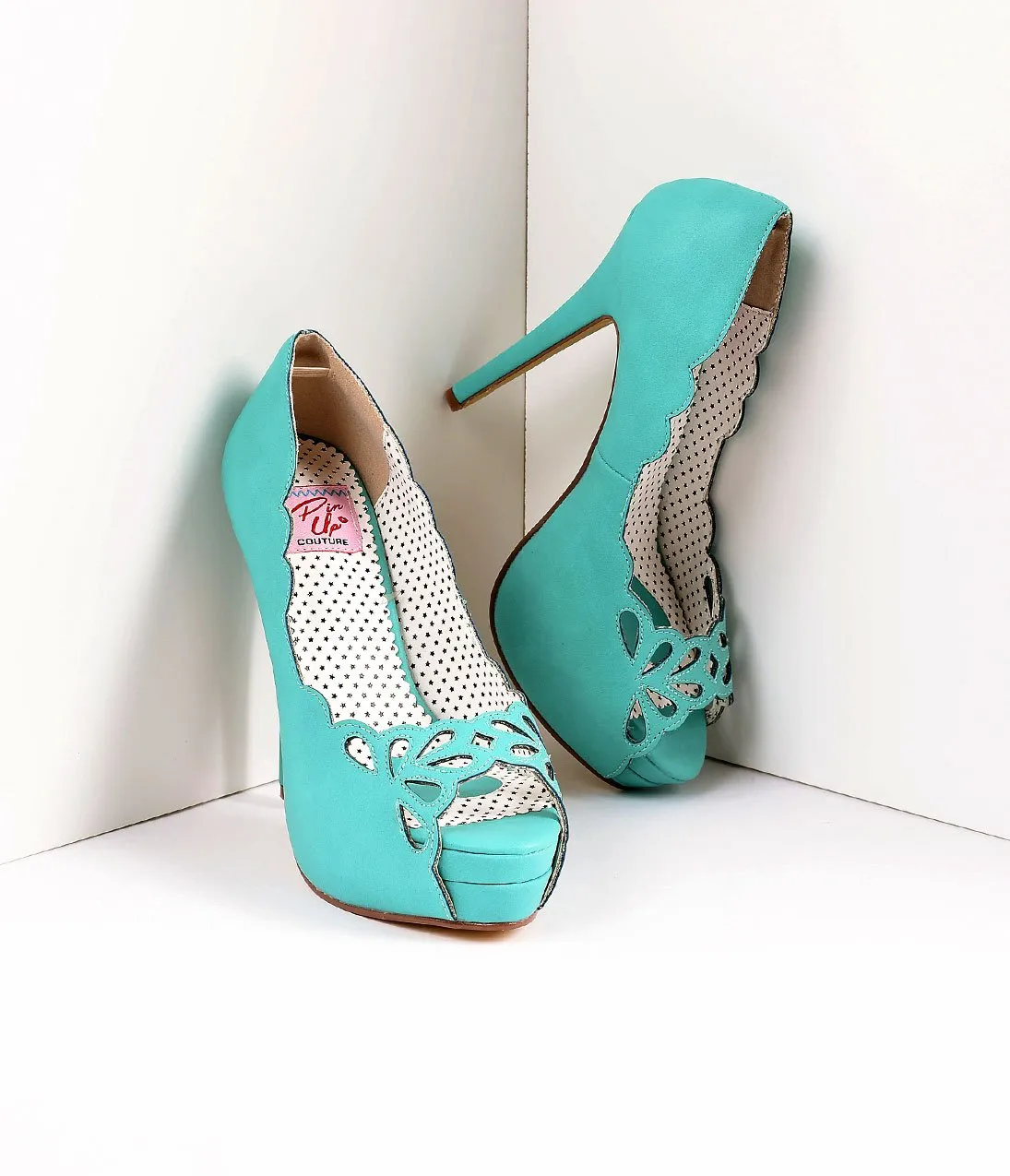 Vintage Style Teal Leatherette Cutout Peep Toe Platform Pump