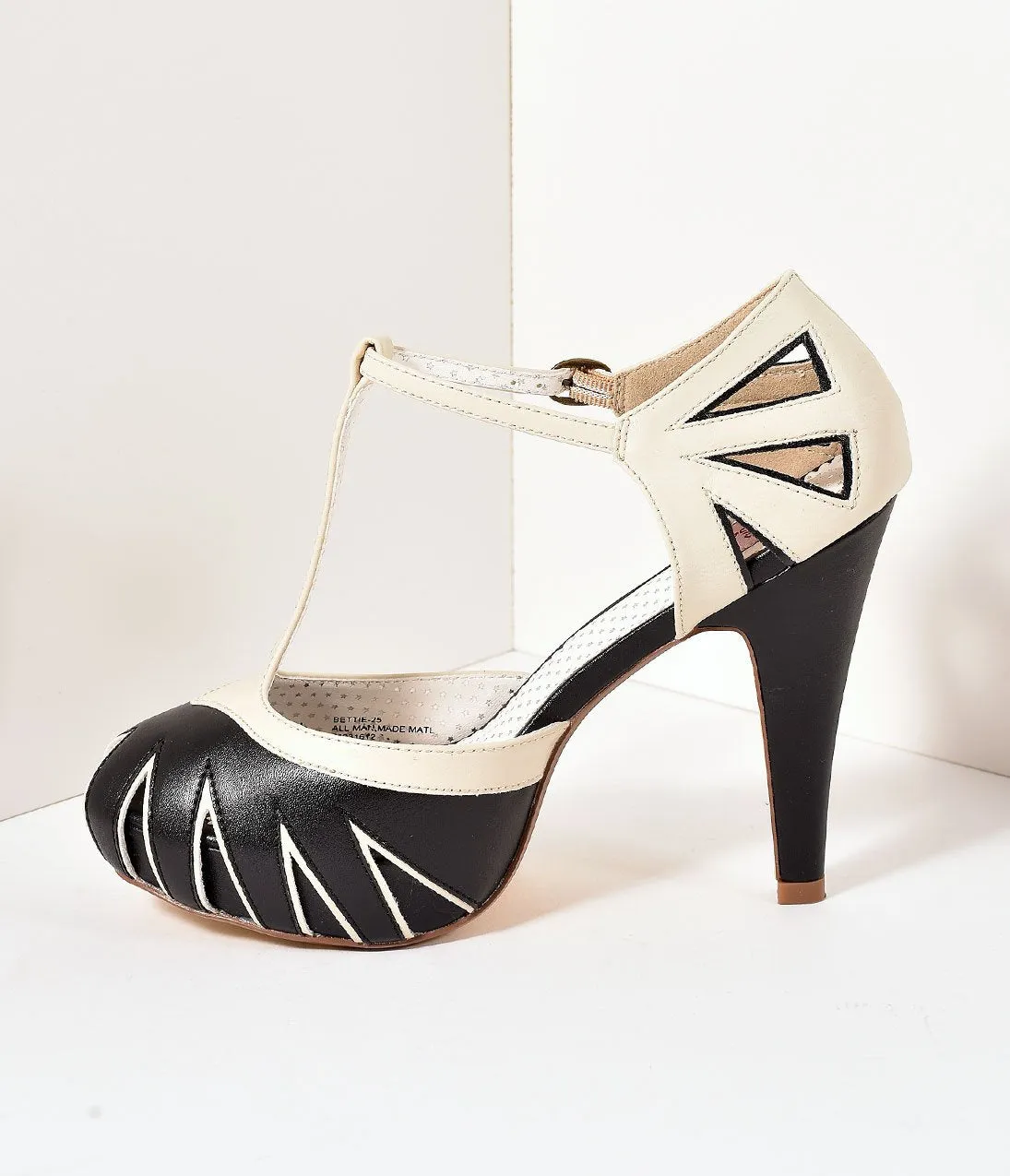 Vintage Style White & Black T-Strap Platform Cutout Heels