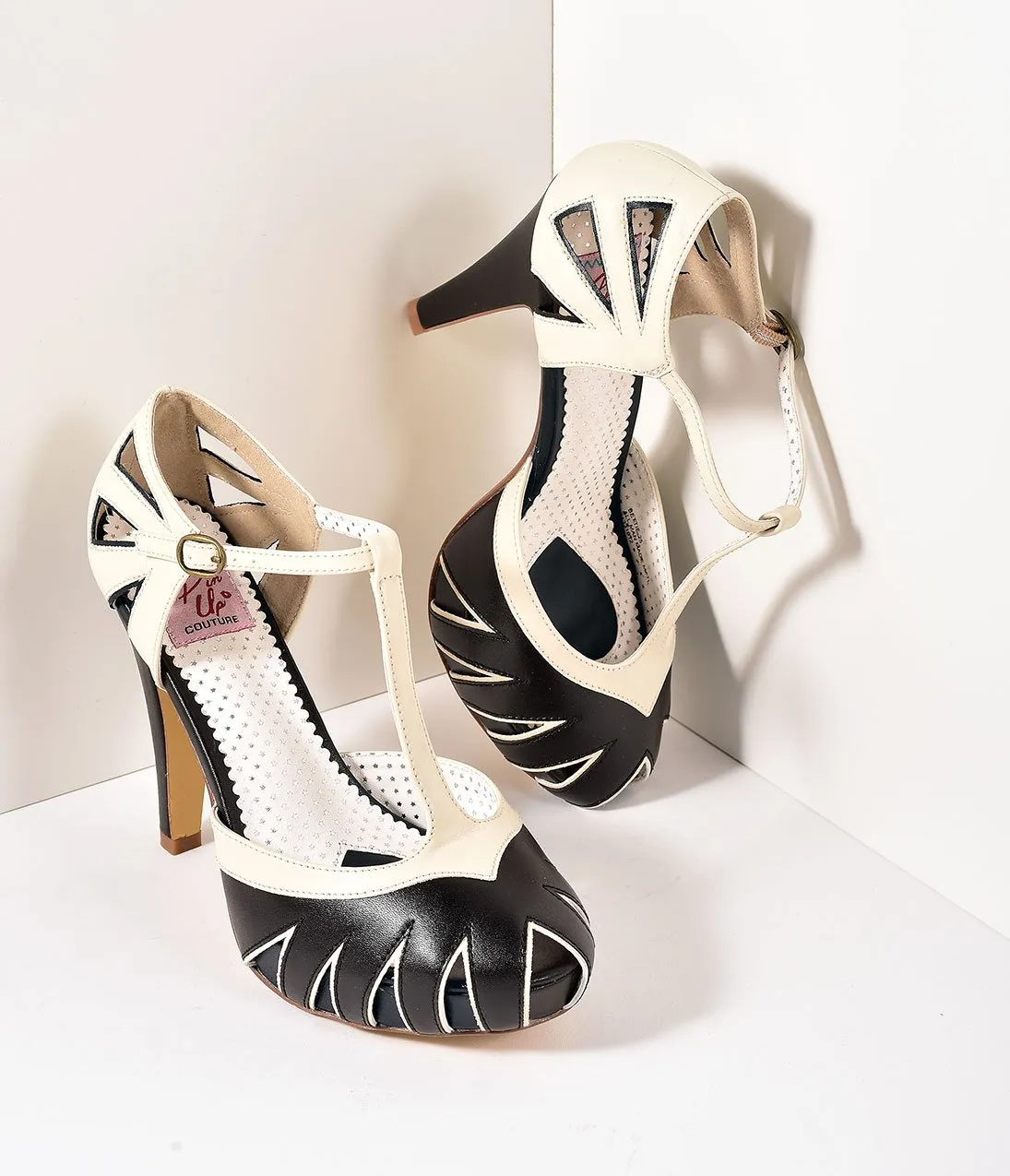 Vintage Style White & Black T-Strap Platform Cutout Heels