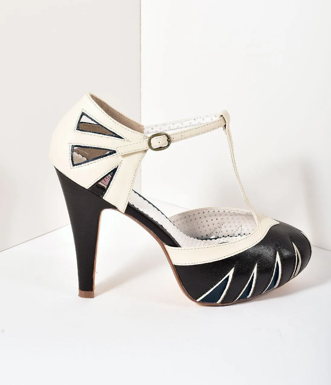 Vintage Style White & Black T-Strap Platform Cutout Heels