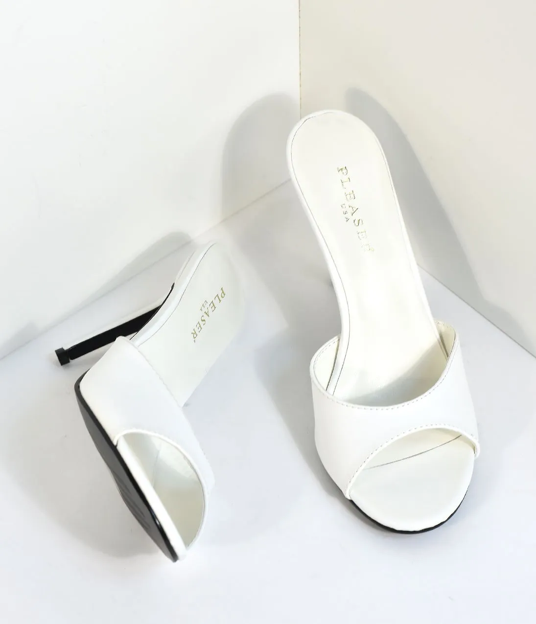 White Matte Leatherette Peep Toe Slip On Heels