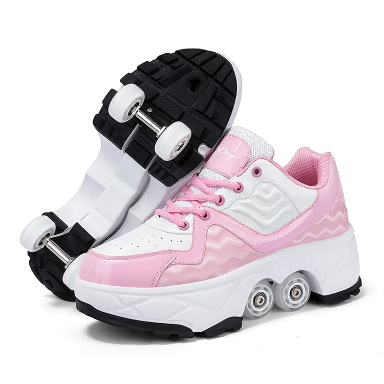 With Brakes Deformable Four-wheel Retractable Double-row Dual-purpose Roller Skates, Size: 39(DF08 Pink)