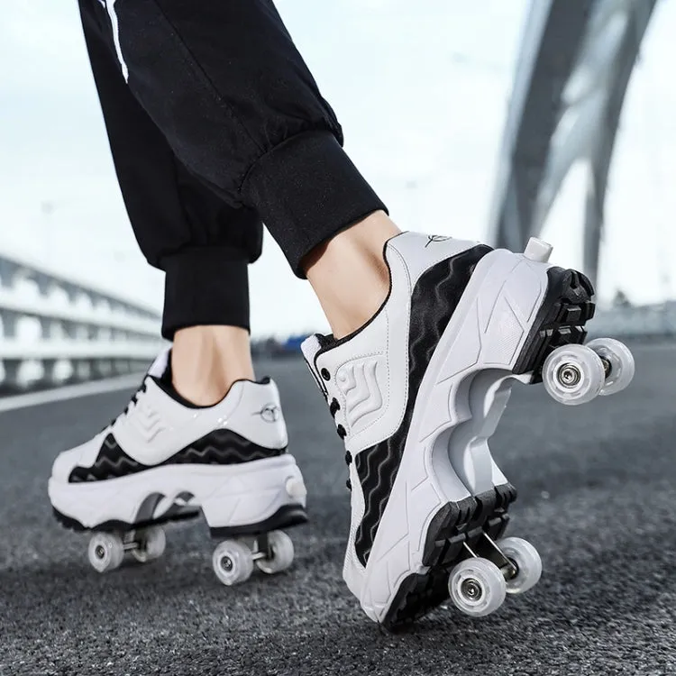 With Brakes Deformable Four-wheel Retractable Double-row Dual-purpose Roller Skates, Size: 42(DF08 Black)