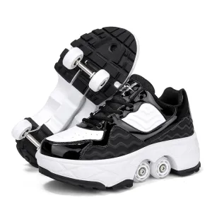 With Brakes Deformable Four-wheel Retractable Double-row Dual-purpose Roller Skates, Size: 42(DF08 Black)