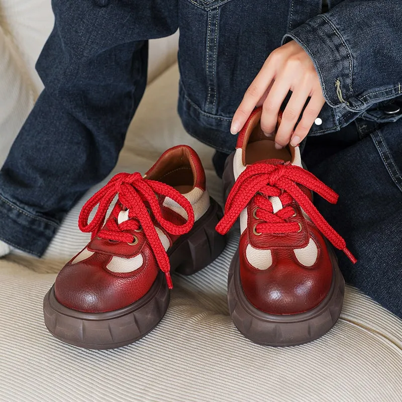 Women Chunky Derby Shoes Leather Contrast Color Round Toe Lace Up Red/Black/Coffee